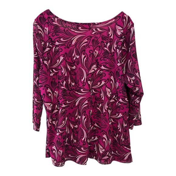ELLE Women’s 1X Pink Black Swirl Print Top with Petal Neckline 3/4 Sleeve - Picture 5 of 6